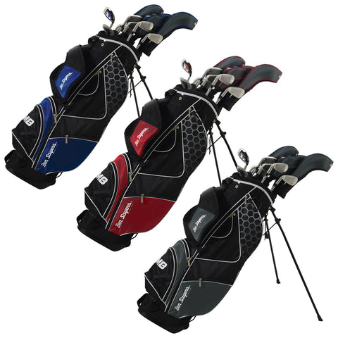 Ben Sayers Mens M8 Stand Bag Full Package Set Three golf bags in blue red and green with golf clubs partially visible inside each bag are standing upright on their legs against a plain white background.