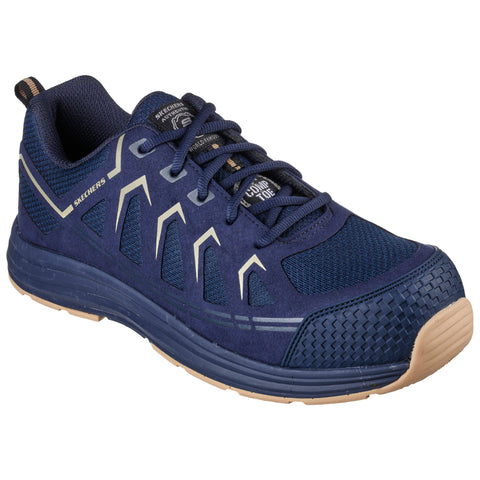 A navy athletic shoe sits atop a white background featuring a textured upper and a rubber sole designed for grip with laces threaded through eyelets providing secure fit.