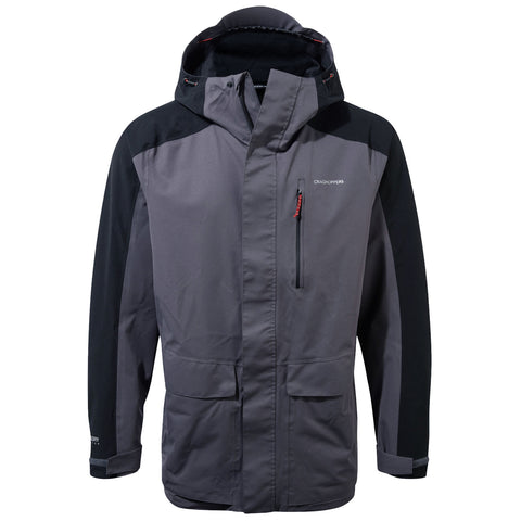 A gray jacket with black accents hangs upright featuring a hood and multiple pockets designed for outdoor activities in a potentially wet or cold environment