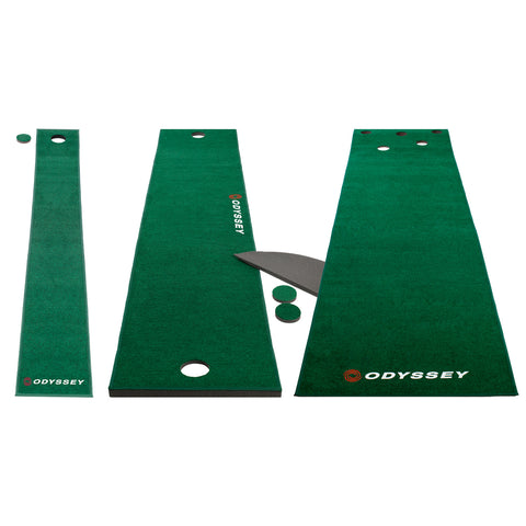 Three green putting mats are arranged on a flat surface with alignment aids and holes for practice. The brand logo "ODYSSEY" is visible on each mat.