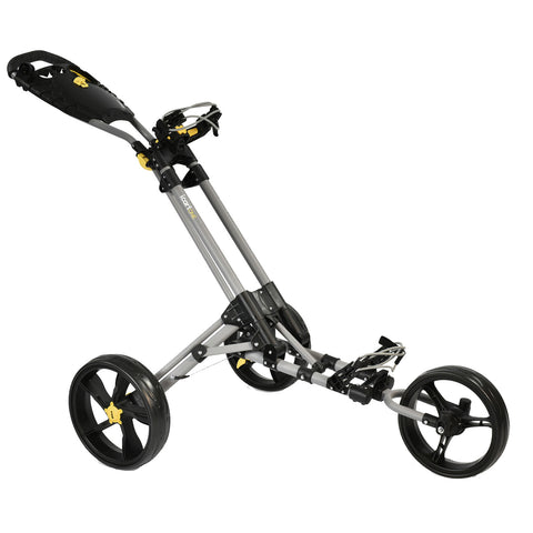 A golf push cart stands upright with a sturdy frame and four wheels ready for use on the course featuring a handle with controls and a compartment for golfing equipment.