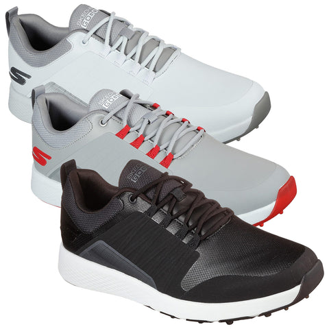 Three pairs of golf shoes are displayed stacked vertically each featuring a distinct color scheme the top pair is light gray with red accents the middle pair is gray and the bottom pair is black