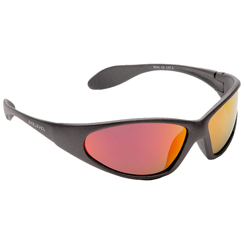 Sunglasses are displayed prominently with a sleek design featuring a dark frame and reflective orange lenses that suggest protection against bright light suitable for outdoor activities.