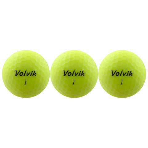 Three bright yellow golf balls are arranged in a row each with the text Volvik and the number 1 printed on them against a plain white background.