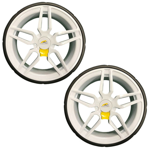 Two white alloy wheels are displayed side by side featuring six spokes a yellow valve stem cap and a black rubber tire surrounding them against a plain background