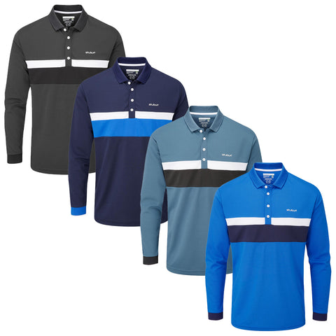 Four long-sleeve polo shirts are displayed in a row featuring various colors including black navy blue light blue and bright blue. Each shirt has contrasting horizontal stripes across the chest.