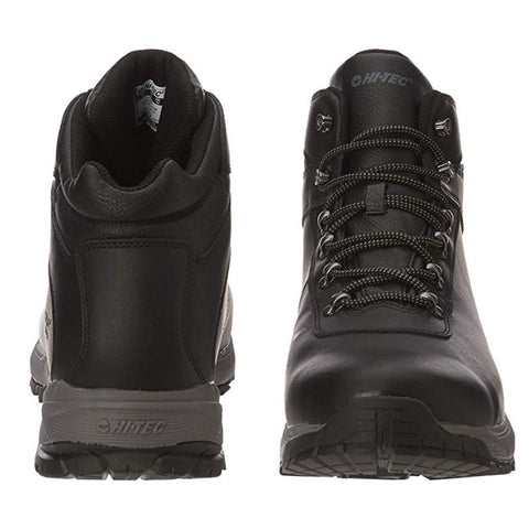 Black hiking boots are displayed facing front and back showcasing a sturdy design with laces and a textured sole indicating they are suitable for outdoor activities in rugged terrains.