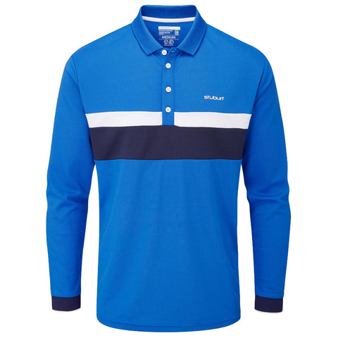 A long-sleeved blue polo shirt features a white and navy horizontal stripe across the chest with three buttons at the collar displayed against a plain background.