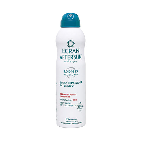 A white spray bottle labeled Ecran Aftersun contains a skin-repairing product designed for after-sun care providing hydration and relief with specifics about immediate freshness and 24-hour moisturization benefits.