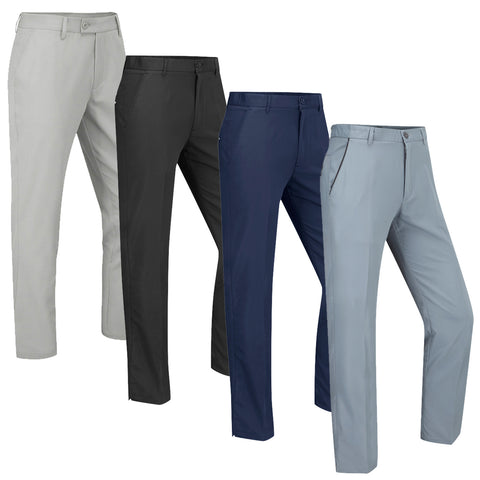 Four pairs of stylish pants in light gray, black, navy, and light blue are displayed side by side showcasing their sleek design and formal appearance ideal for various occasions.