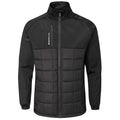 A black jacket featuring a quilted lower section and smooth fabric upper, with a zippered pocket on the chest and a high collar, designed for warmth and comfort in cool weather.