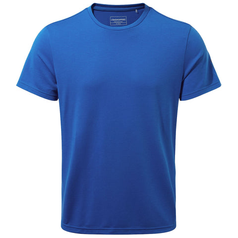 A blue short-sleeved t-shirt is displayed front-facing against a plain background showcasing its smooth fabric and standard crew neckline designed for casual wear.