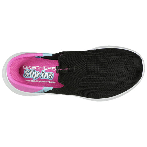 A black slip-on shoe rests on a flat surface featuring a textured upper and a bright pink insole displaying the brand Skechers Slip-ins with the label Air-Cooled Memory Foam.