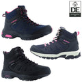 Three hiking boots are displayed in various angles showcasing their design features They are primarily dark with pink accents labeled waterproof ideal for outdoor activities with a recommended kit logo visible