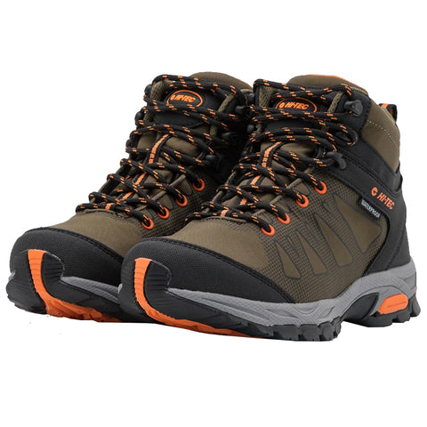 A pair of brown and black hiking boots with orange accents stands together featuring a rugged sole and waterproof design in a plain white background.