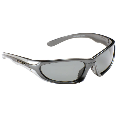 Sunglasses are displayed at an angle showing dark lenses and a sleek silver-gray frame designed for style and outdoor eye protection. They rest on a neutral background.