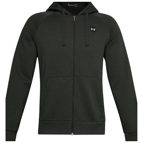 A dark green zip-up hoodie features a hood and two front pockets with a logo on the upper left side, suitable for casual or athletic wear.