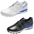 Two pairs of athletic shoes are displayed side by side. The top shoe is white with blue accents and the bottom shoe is black with blue accents. Both feature a sturdy sole suitable for active use.