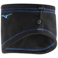 A black fleece neck warmer is shown resting flat with a blue stitching pattern. It has an adjustable toggle on one side for securing fit and is designed for warmth in cold conditions.