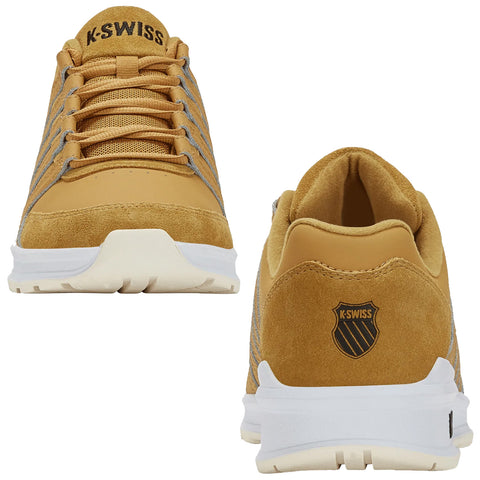 A pair of brown K-Swiss sneakers is displayed from multiple angles showcasing textured suede and mesh materials with a white sole and a logo at the back.