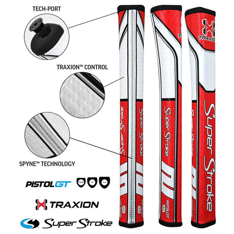 Golf club grips are showcased displaying features like Tech-Port Traxion Control and Spyne Technology alongside branding for Super Stroke and Pistol GT in a white and red design.