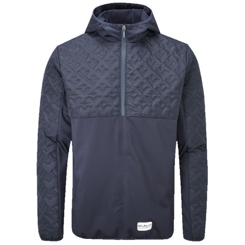 A dark navy hooded pullover features a half-zip front and a textured patterned upper section while the lower half has a smooth finish designed for casual or active wear.