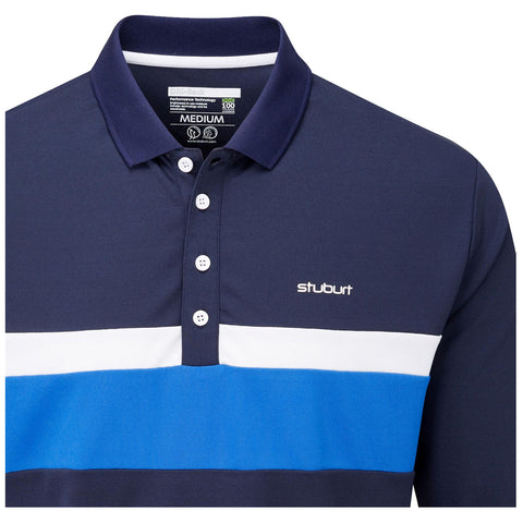 A navy polo shirt features a white and blue horizontal stripe across the chest with a brand logo on the left. It has a buttoned collar and a casual design.