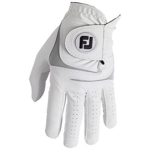 A white golf glove with a gray accent is displayed upright showing an open palm ready for use in a golf game designed for grip and comfort during swings.