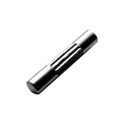 A cylindrical metal pin lies flat with one end slightly rounded the surface is shiny and smooth with grooves along its length likely used for securing components in machinery or construction.