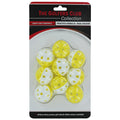 A pack of nine dual-color practice golf airballs arranged in a grid pattern with yellow and white sections, displayed in transparent packaging, intended for use in golfing practice.