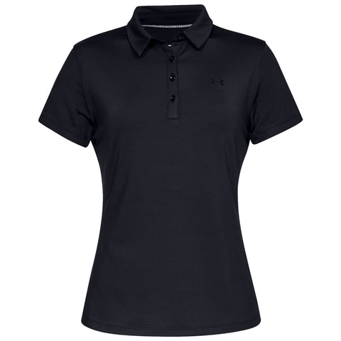 A black polo shirt is displayed featuring a collar and three buttons. The shirt has a fitted design and is made from a smooth material suitable for casual or athletic wear.