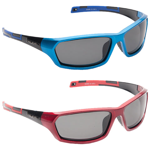 Two pairs of stylish sunglasses are displayed side by side one in blue with dark lenses and one in red both designed for outdoor use with a sports aesthetic.