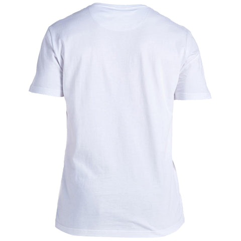 A plain white t-shirt is displayed lying flat it features short sleeves and a round neckline with no visible designs or logos in a neutral background setting.