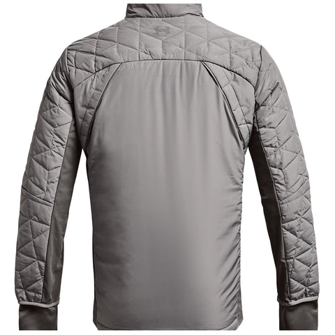 A gray padded jacket hangs against a plain background showing quilted texture on the shoulders and sleeves designed for warmth and outdoor wear.