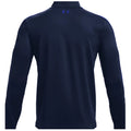 A long-sleeved navy polo shirt is displayed with the back facing the viewer showcasing a collar and a small logo near the neckline on a plain background.