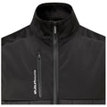 A black jacket with a high collar is displayed featuring a zippered pocket and a branded logo on the front showcasing a sleek and modern design suitable for outdoor wear