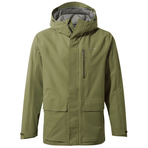 A green waterproof jacket is displayed hanging with its front facing forward featuring a hood a zippered chest pocket and two large front pockets suitable for outdoor activities.