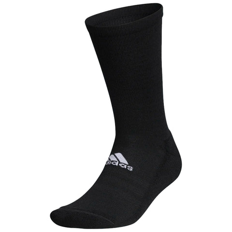 A black sock is positioned upright displaying a ribbed texture and a white logo on the side in a plain background setting. The sock appears elastic and designed for comfort.