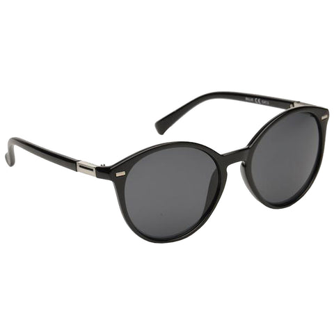 Sunglasses are displayed prominently with dark round lenses and a sleek black frame resting on a plain white background, suggesting a fashion accessory suited for sunny environments.