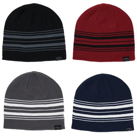 Four knit beanie hats in various colors are displayed. The hats are positioned in two rows with two hats in each row. Each hat features horizontal stripes and a small logo label.