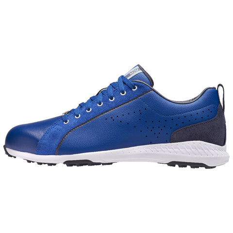 A blue athletic shoe is positioned sideways showcasing its sleek design and perforations the shoe appears well-structured with a contrasting white sole suitable for active outdoor use.