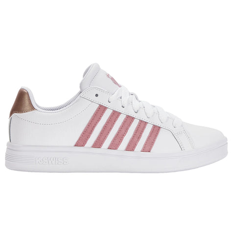 A white sneaker with pink stripes is positioned sideways showcasing its sleek design and contrasting brown heel. The style suggests a casual setting suitable for daily wear.