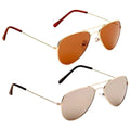 Eyelevel Kids Squadron Sunglasses Two pairs of aviator sunglasses are displayed. One pair features brown lenses and a red arm while the other has light gray lenses with a black arm set against a neutral background.