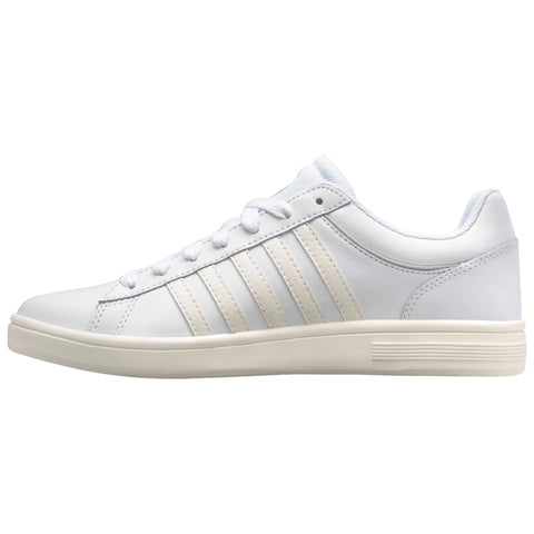 A white sneaker with a smooth leather finish features three vertical stripes on the side and a white sole, presented against a plain background.