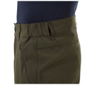 A pair of olive green pants with an elastic waistband is displayed. The pants feature a zippered pocket and have a smooth texture, likely designed for comfort and functionality.