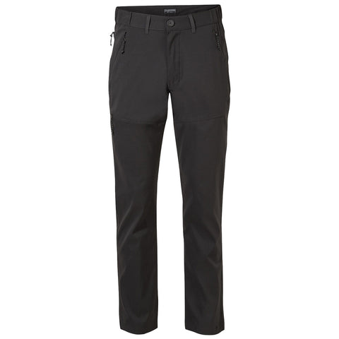 Black pants with a flat front design are displayed standing upright showcasing two zippered pockets on the sides and an additional pocket on the leg suitable for outdoor activities.