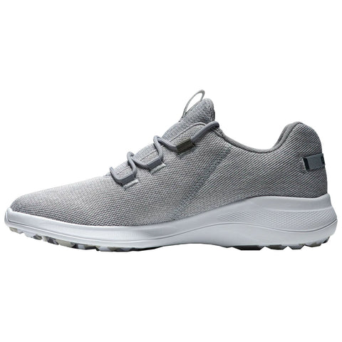 A gray golf shoe features a textured upper with elastic laces and a cushioned sole designed for comfort and support in active environments. It stands on a white background.