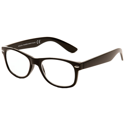 Black reading glasses with a rectangular frame are placed facing forward showcasing clear lenses and smooth edges resting on a flat surface in a neutral background setting.