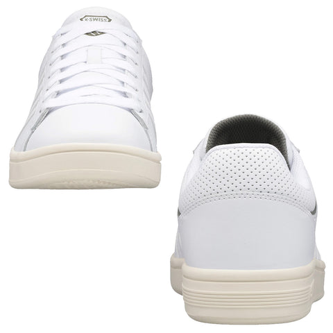 White athletic shoes with a smooth leather surface and perforated details are positioned front and back showcasing their sleek design in a neutral background.