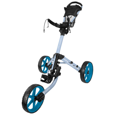 A three-wheeled golf push cart features a sturdy frame with a blue and black color scheme. Its design includes a handlebar with a storage compartment for accessories, positioned on a flat surface.